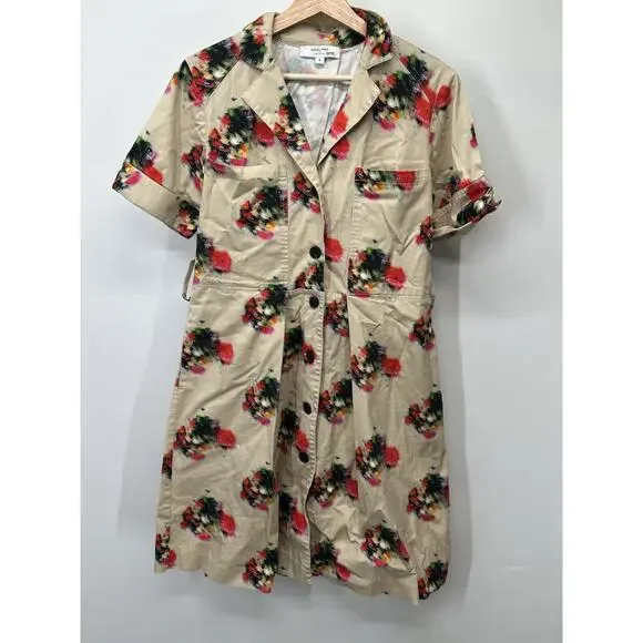 ADAM LIPPES Shirtdress Women 4 Tan Blurry Floral Print Collared Button Front - Picture 2 of 7